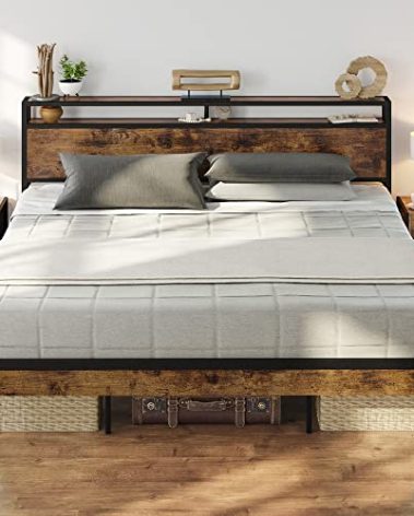 LIKIMIO King Size Bed Frame, Platform Bed with 2-Tier Storage Headboard, Solid and Stable, Noise Free, No Box Spring Needed, Easy Assembly, Vintage Brown