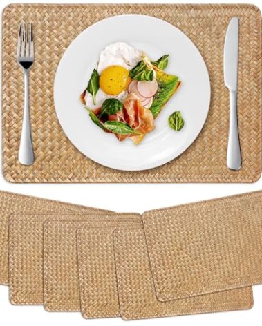 6 Pack Woven Placemats, Rectangular Rattan Place mats, Natural Seagrass Placemats, Farmhouse Wicker Table Mats for Dining Table