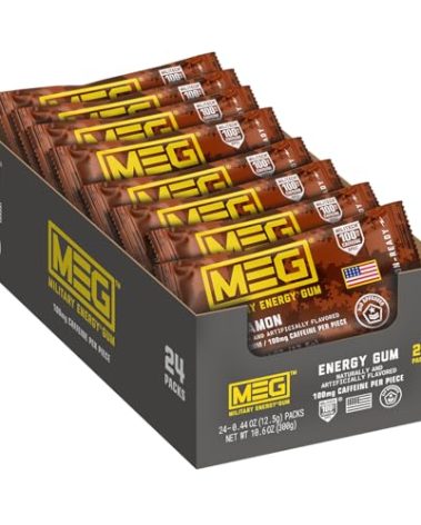 MEG (Military Energy Gum) - Cinnamon | Enhance Your Physical Performance with 100mg of Caffeine Per Piece, Ultimate Energy Boost for Workouts, Alternative to Energy Drinks | Pack of 24