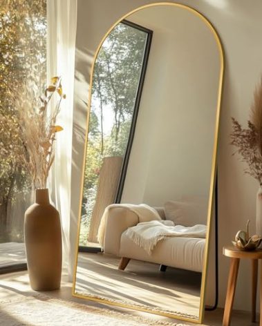 Coomily Full Length Mirror with Stand, 71"x28" Arched Full Body Large Stand Up Aluminum Frame Floor Standing Mirror, Freestanding Hanging Leaning Mounted for Bedroom Living Room Entryway Gold