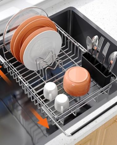 romision Dish Drying Rack in Sink, Expandable (13.1"-16.6" D) Stainless Steel Dish Drainers for Kitchen Sink, Retractable Over Sink Dish Rack Drying Rack with Utensil Holder, Silver