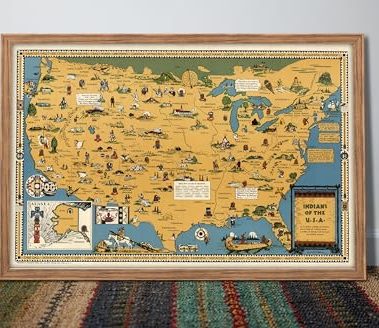 USA Native American Indian Tribes Map - 16x24 inches - 1944 Unframed Pictorial Map Wall Poster, Wall Art Decor, Vintage Decorations - Indian People in America - Gift for Men, Women, Teachers
