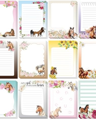 Chiisong 12 Pieces Horse Sticky Notes to Do List Notes Horses Lover Gift for Women, 3x4 Inch Animal Writing Memo Pads Flower 30 Sheet Pads, Animal Self Stick Memo Office Supplies Cute Small Gift