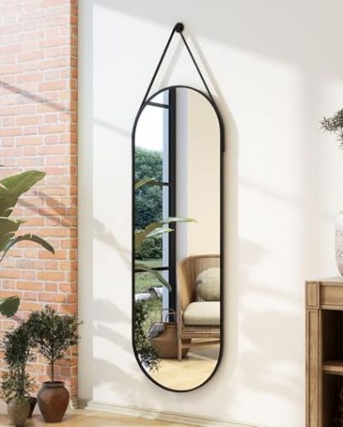 16''x48'' Full Length Mirror, Modern Oval Door Mirror Full Length with Hanging Leather Cord, Wall Mounted Mirror with Hanging Leather Strap for Bathroom Vanity Living Room Bedroom Entrance，Black