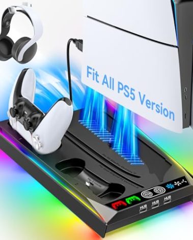Rysker PS5/Slim/Pro Stand, PS5 Cooling Station Built-in 3-Level Cooling Fan & Fast Charger for Disc & Digital, PS 5 Accessories with Safety Screw and Headset Holder
