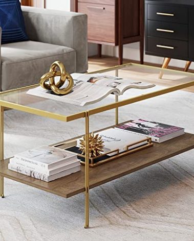 Nathan James Asher Mid-Century Rectangle Coffee Table Glass Top and Rustic Oak Storage Shelf with Sleek Brass Metal Legs, Gold