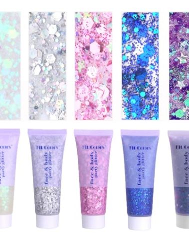 Face Body Glitter, Hair Glitter Sparkles Chunky Face Glitter Gel for Girls Makeup Singer Concerts Mermaid Festival Sequins Face Paint (White+Silver+Pink+Blue+Purple)