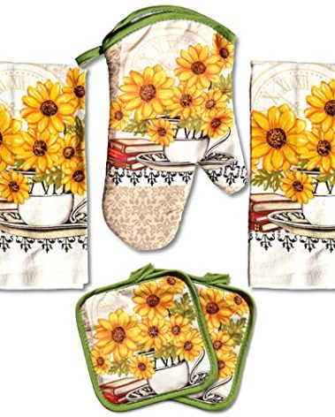 Lobyn Value Packs: Bright Sunflower 5-Piece Kitchen Set – 2 Soft Terry Dish Towels and 2 Quilted Potholders & 1 Oven Mitt for Everyday Use