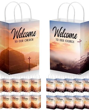Chuangdi 50 Pcs Church Welcome Bags 5.91 x 3.15 x 8.27 Inches Religious Gift Bags Welcome to Our Church Paper with Handles for Hotel Birthday Bulk Baptism Guest Party Favor Supplies