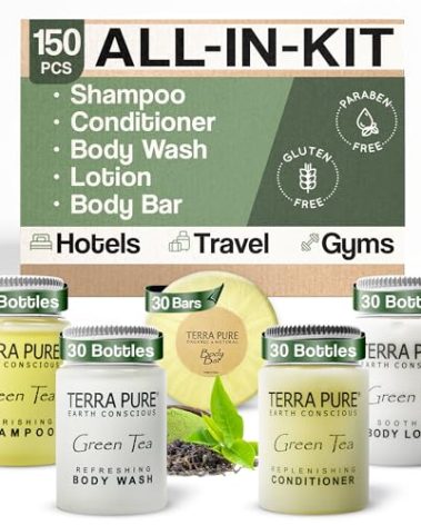 Terra Pure Hotel Soaps & Toiletries Bulk Set | 1-Shoppe Amenities Kit | 1oz Shampoo & Conditioner, Body Wash, Lotion, 1.25oz Bar Soap | Travel Size | 150 Pieces