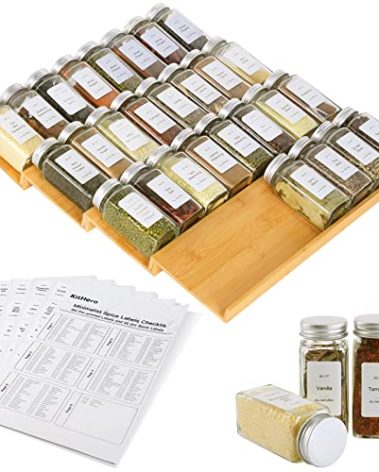 KitHero Spice Drawer Organizer with 28 Spice Jars,216 Labels,25 Non-slip Rubber, Bamboo 4 Tier Seasoning Rack Tray Insert for Kitchen Drawers,Cabinets,Countertop,14.6" Wide x 15.8" Deep
