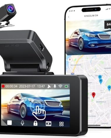 Kingslim Dash Cam Front and Rear 4K, Car Dash Camera for Cars with Free 64GB Card, 3 Inch Touchscreen, Front and Back Dashcam Built-in WiFi GPS, Night Vision, Parking Monitor, Smart App