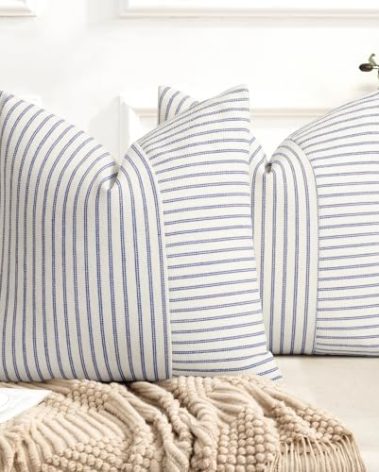 Farmhouse Pillow Covers 24x24, Modern Accent Square Throw Pillow Covers Set of 2, Blue and Beige Striped Patchwork Linen Decorative Pillows Cushion Covers for Couch Chair Bedroom Fall Decorations
