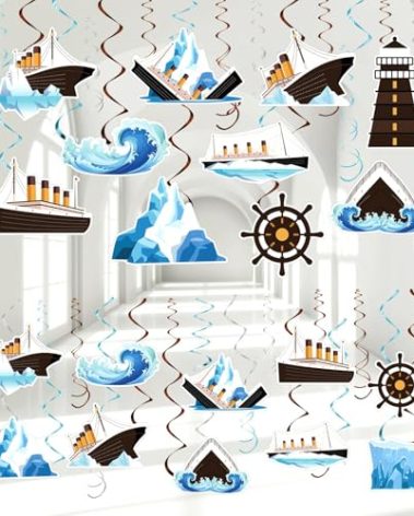 CHUNNIN 60PCS Nautical Party Supplies Cruise Hanging Swirls Ship Swirls Ocean Cruise Party Swirls Foil Ceiling Streamers for Nautical Cruise Theme Party Decor Ocean Theme Baby Shower Birthday Favors