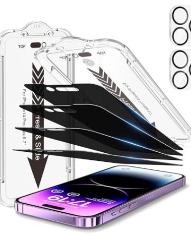 EZ-GLAZ-4 Pack for iPhone 14 Pro Max Privacy Screen Protector[6.7 inches] With 2 Pack Camera Lens Protector, [Drop Protection] 9H Hardness Scratch Resistant Tempered Glass Film, Easy to install