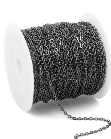 66 Feet Gunmetal Stainless Steel Cable Chains Bulk, 2.5 mm 304 Stainless Steel Black Flat Cable Links Chain Roll Spool for Jewelry Making DIY Craft