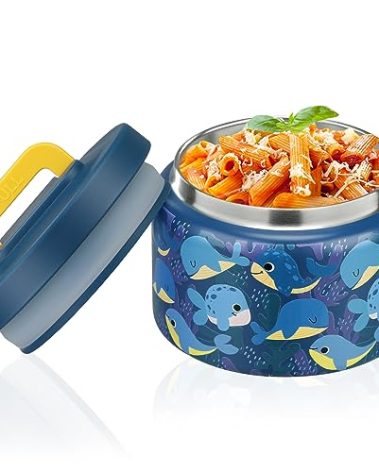 PIQUEBAR 8oz Kids Thermo for Hot Food,Small Lunch Thermos Food Container Stainless Steel,Easy Open Wide Mouth Thermo for Hot Cold Food for Preschool Travel (Blue Whale)