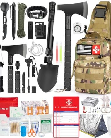 Survival Kit, 262Pcs Survival Gear and Supplies with First Aid Kit Pouch and Crossbody Bag, Emergency Kit with Tent, Camping Axe Hammer, Survival Shovel w/Pick, Bug Out Bag Gifts for Men Women