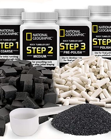 Blue Marble National Geographic Rock Tumbler Media – The Ultimate Rock Polishing Supplies Kit, 4 Stage Bulk Grit, 1.5 Pounds of Ceramic Pellets, GemFoam Polishing Tumbling Media
