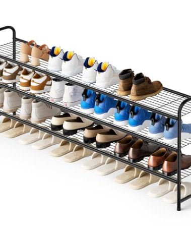 KEETDY 3-Tier Long Shoe Rack for Closet Metal Shoe Organizer for Entryway, Wide Stackable Shoe Storage Shelf with Sturdy Wire Grid for Closet Floor, Bedroom, Black