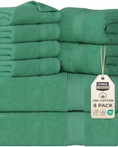 Utopia Towels 8 Piece Premium Towel Set, 2 Bath, 2 Hand, and 4 Wash Cloths, 600 GSM 100% Ring Spun Cotton, Highly Absorbent Towels for Bathroom, Gym, Hotel, and Spa, Hunter Green