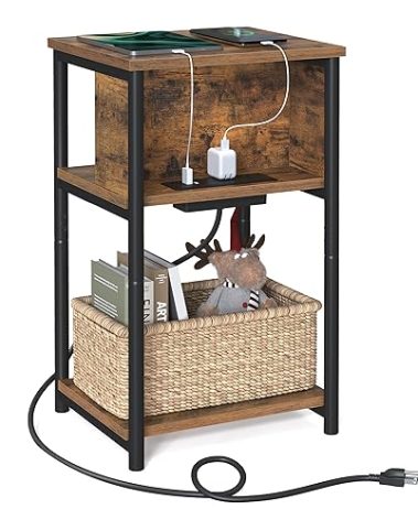 VASAGLE Side Table with Charging Station, 3-Tier End Table with USB Ports and Outlets, Nightstand for Living Room, Bedroom, 11.8 x 13.4 x 22.8 Inches, Plug-in Series, Rustic Brown and Black