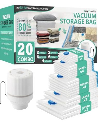 Cozy Essential 20 Pack Vacuum Storage Bags with Electric Pump, Vacuum Seal Space Saver Bags for Clothing, Pillows, Blanket, Bedding, Comforters