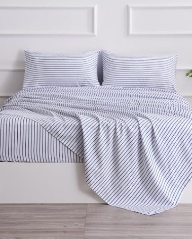 Twin Blue Striped Bed Sheet Set 3 Piece with 16-Inch Deep Pockets- Super Soft & Wrinkle Free Stripe Bed Sheets - Hotel Luxury Blue White Striped Pinstripe Bedding for All Season