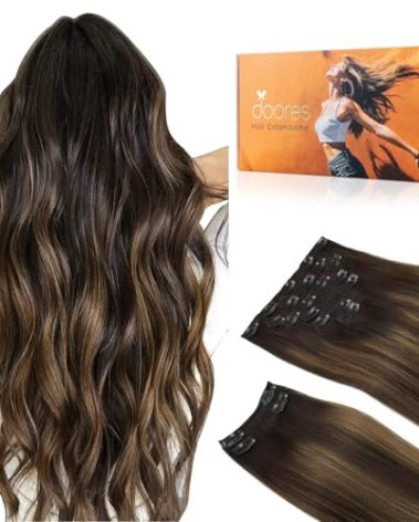 DOORES Hair Extensions Real Human Hair, Balayage Dark Brown to Chestnut Brown 20 Inch 9pcs 150g, Remy Hair Extensions Clip in Human Hair Extensions Clip ins Natural Hair Extensions Thick Straight Hair