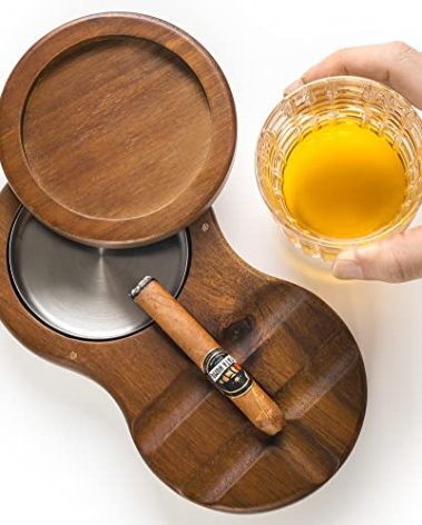 LINOVINO Wooden Cigar Ashtray Coaster Whiskey Glass Tray & Revolving Ash Tray with Stainless Steel Liner, Include Cigar Slot for Home Office & Outdoor Use