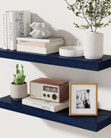 Dark Blue Floating Shelves 24 Inch, Solid Wooden Wall Shelves Set of 2, Rustic Floating Wall Shelves for Decor & Storage for Living Room Bedroom Bathroom