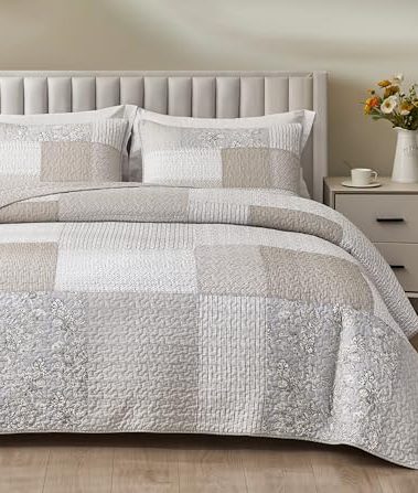 Chezmoi Collection Quinn 3-Piece Neutral Taupe Gray White Floral Hibiscus Flower Candy Stripe Patchwork Quilt Set - Pre-Washed Cotton Coverlet - Lightweight Reversible Bedspread, Queen Size
