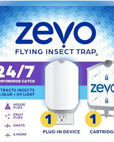 Zevo Flying Insect Trap & Cartridge - Plug in Fly Trap & Indoor Bug Catcher for Gnats, House & Fruit Flies - Mess-Free - Use in Any Room - Uses Blue & UV Light (1 Plug in Device & 1 Cartridge)