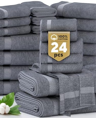 Lane Linen 100% Cotton Bath Towel Set – 24 Pcs Towels for Bathroom, Ideal for Family & Guests, Spa and Daily Use, Soft & Absorbent, 2 Bath Sheets, 4 Bath, 6 Hand, 4 Fingertip, 8 Washcloths – Cool Grey