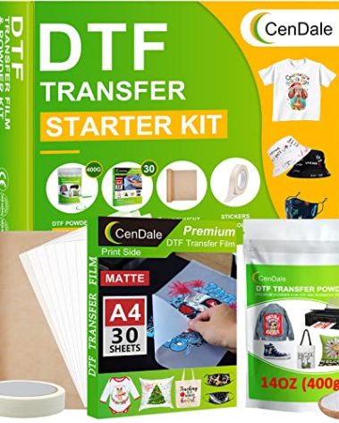 CenDale DTF Sublimation Kit - 30 Sheets A4 DTF Film for Sublimation Hack, 14oz DTF Powder White，DTF Transfer Starter Kit, Hot & Cold Peel DTF Transfer Film and Powder Kit for DTF & Sublimation Printer