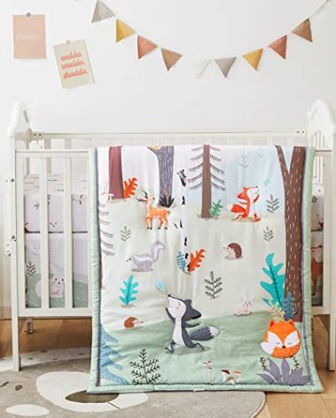 beeweed 3-Piece Crib Bedding Set for Boys Girls, Soft Baby Bedding Set Including Blanket, Crib Skirt & Crib Sheets, Woodland Animal Nursery Bedding Set