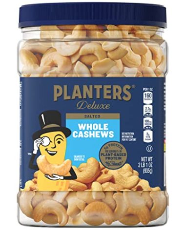 PLANTERS Deluxe Salted Whole Cashews, Party Snacks, Plant-Based Protein, Snacks for Adults, After School Snack, Roasted Flavored Cashews with Sea Salt, Kosher, 33oz Container