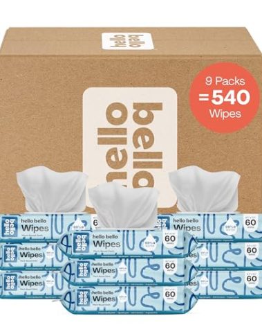 Hello Bello Extra Gentle Unscented Baby Wipes, Plant Based, Made with 99% Water and Aloe for Babies and Kids, 60 Count (Pack of 9) Total 540 Count