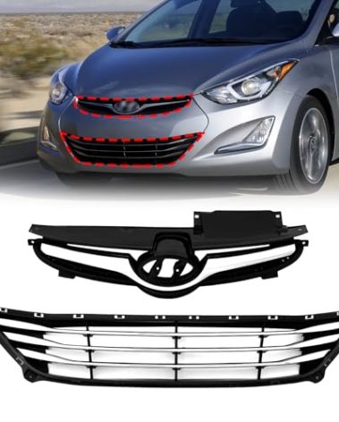 PENSUN Front Bumper Upper Lower Grill Grille Fit For 2014 2015 Hyundai Elantra Chrome Black 865603X700 HY1036120