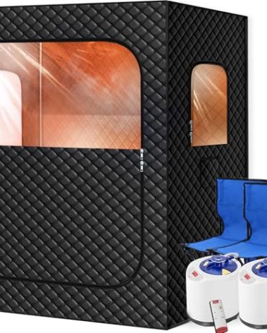 Tehanld 2 Person Portable Steam Sauna for Home, Extra Large Sauna Box, Upgraded 2 Steamer, 2 Foldable Chair & Remote Control, Black