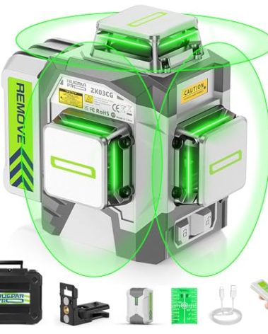 Laser Level 360 Self Leveling, Huepar Pro 3x360°High Accuracy Green Cross Line Laser for Construction and Picture Hanging, 12 Lines Level Laser Tool with 8000mAh Rechargeable Battery & Remote Control