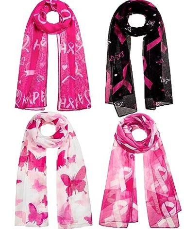 Liitrsh 4 Pcs Women Breast Cancer Symbol Scarf Lightweight Voile Breast Cancer Awareness Silk Feeling Pink Ribbon Scarf for Mothers Friends Gifts, 70.87 Inch, 4 Styles