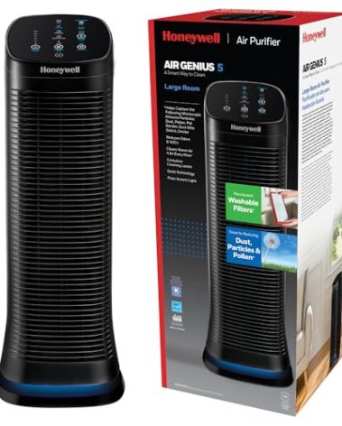 Honeywell Air Genius 5 Air Purifier for Large Rooms up to 1200 Ft², Permanent Washable Filters, Reduces Dust, Pollen, Pet Dander, Odors, Smoke, Black, HFD320
