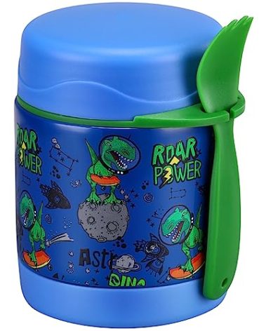 10oz Soup Thermo for Hot Food Kids Insulated Food Jar,Thermo Hot Food Lunch Container, Width Mouth Stainless Steel Lunch Box for Kids with Spoon (Blue-dinosaur)