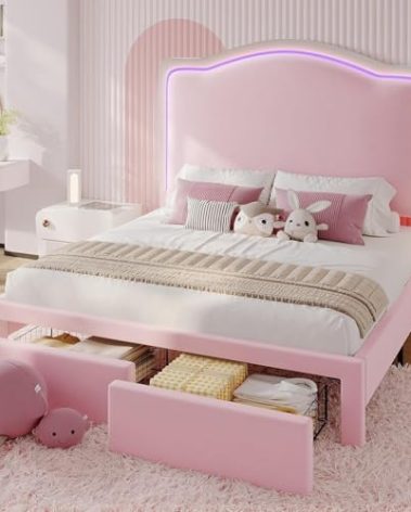 Jocisland Queen Bed Frame with Storage Drawers, 51" Adjustable Velvet Headboard, RGB LED Lights, Upholstered Platform Bed, Modern Bed for Teens, Guest Room, No Box Spring Needed, Pink