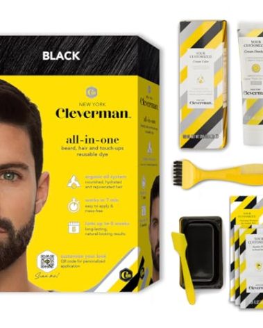CLEVERMAN Black Hair & Beard Dye for Men, All-in-One Reusable Kit - Natural-Looking Gray Coverage, Professional-Quality, Ammonia-Free, 3.38 Fl Oz (1 Pack), Black, Suitable for Black Hair