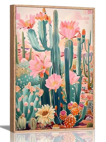 KISSFOX Framed Mexican Canvas Wall Art Cactus Desert Plant Poster Prints Vintage Green Pink Orange Botanical Floral Painting Colorful Southwestern Rustic Picture Decor Living Room Bathroom Bedroom