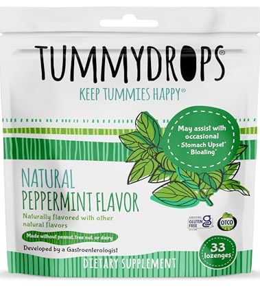 Tummydrops, Natural Peppermint, Gluten Free & Vegan, 33 Individually Wrapped Pure Peppermint Oil Lozenges Made with Organic Ingredients