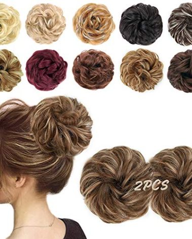 MORICA 2PCS Messy Hair Bun Extensions Curly Wavy Messy Synthetic Chignon Hairpiece Scrunchie Scrunchy Updo Hairpiece for women（Light Golden Brown & Pale Golden Blonde）