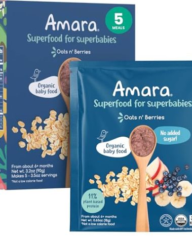 Amara Organic Baby Food - Stage 2 - Oats & Berries - Baby Cereal to Mix With Breastmilk & Water - Shelf Stable Baby Food Pouches Made from Organic Fruit and Veggies - 5 Pouches, 3.5oz Per Serving